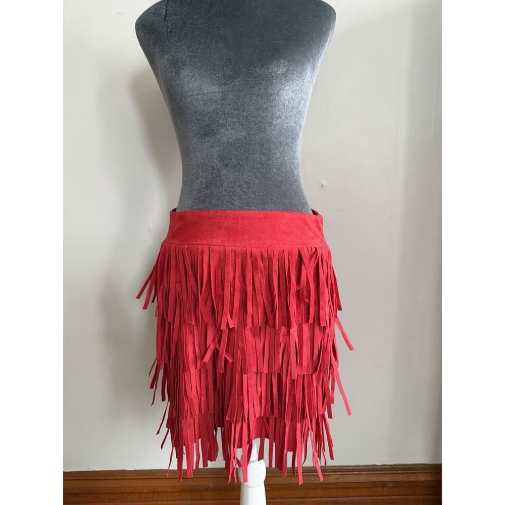 Red Faux Suede Leather Finge Mini Skirt. Festival, Boho Western. W.A.Y Y2K. NWT